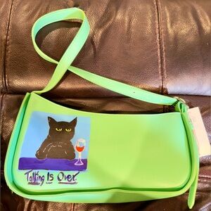 Black Cat Hand-painted on Green faux leather shoulder bag.